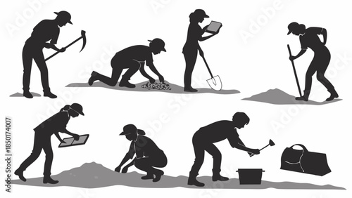 Archaeology Dig Site Excavation Silhouettes People Working with Shovels Trowels Recording Data for Research Projects