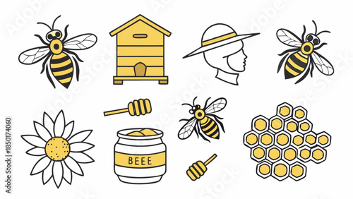 Beekeeping Icons Set Honeycomb Beehive Flower Honey Jar for Apiary Farm Product Design Summer Promotion