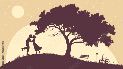 Romantic Couple Kissing Under Tree Silhouette on Hill at Evening with Moon and Stars for Love Dating Relationship and Valentine's Day