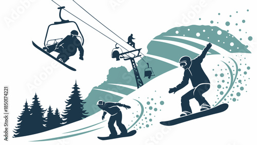 Dynamic Snowboarders Carving Snowy Slopes with Ski Lift, Winter Sports Fun, Extreme Adventure, Action, Thrill, Adrenaline, Outdoor Recreation, Seasonal Lifestyle, Active Holidays