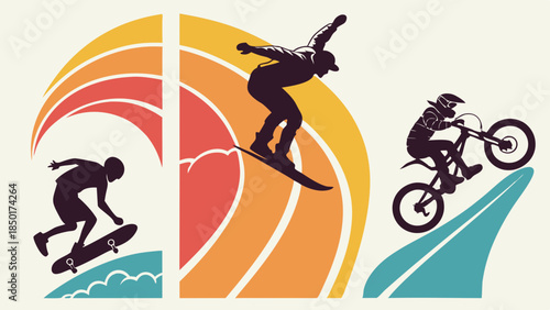 Snowboarding Skateboarding Mountain Biking Silhouettes Dynamic Extreme Sports Action Retro Graphic Design Adventure Lifestyle Marketing