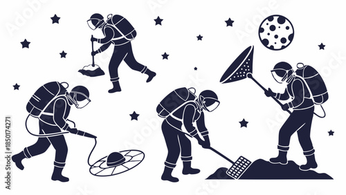 Astronauts Exploring Mars Surface Digging Collecting Samples for Space Science Research and Discovery Design