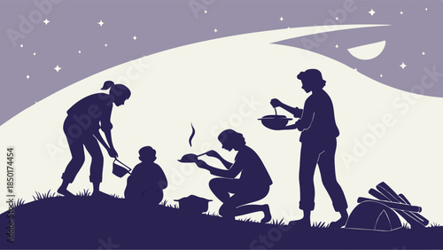 Family Camping Adventure Silhouettes Cooking Dinner Outdoors Under Night Sky for Travel Web Design or Lifestyle Blog Illustration