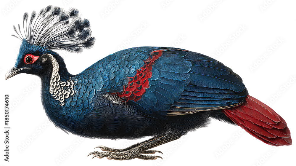 Obraz premium Vintage illustration of a crowned crane bird with blue plumage and red tail isolated on transparent background