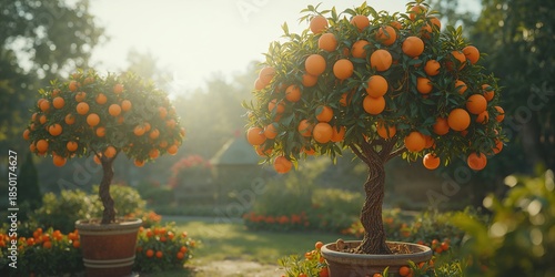 Grapefruit trees with mature fruits in sizable flowerpots, highlighting container planting practices