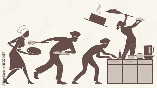 Dynamic Chefs Silhouettes Running and Cooking in Chaotic Restaurant Kitchen Under Pressure Fast Paced Culinary Teamwork and Deadline Stress