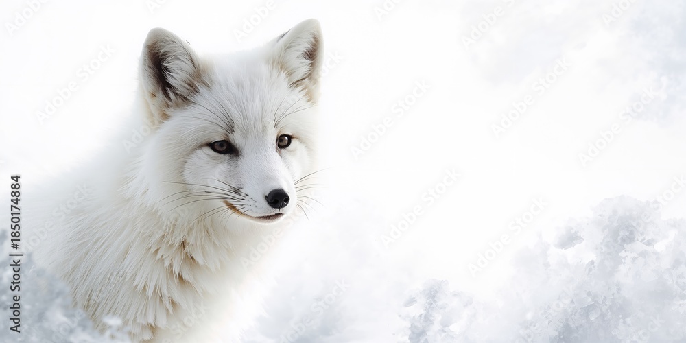 Naklejka premium Arctic fox fur coat on white background, thermal insulation for cold climates, Earth Day