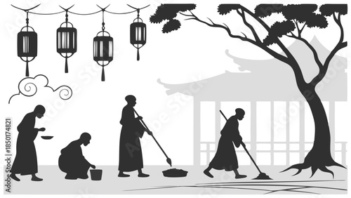 Monks Cleaning Temple Courtyard Lanterns Serene Zen Buddhist Rituals Peaceful Spiritual Lifestyle for Meditation Wellness and Asian Culture Websites