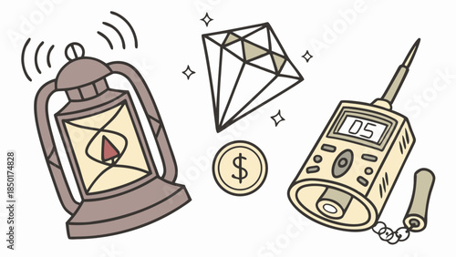 Treasure Hunt Adventure: Lantern, Diamond, Coin, and Detector for Exciting Exploration and Discovery in Games, Marketing, and Web Design