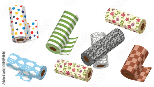 Colorful collection of patterned washi tape rolls arranged in a visually appealing composition for crafting and decoration.
