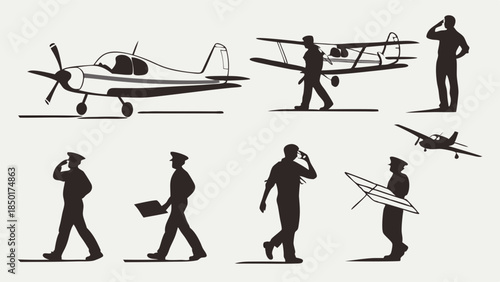 Professional Pilots and Aircraft Silhouettes Vector Set Aviators Walking Saluting and Carrying Gear Flight School Icons