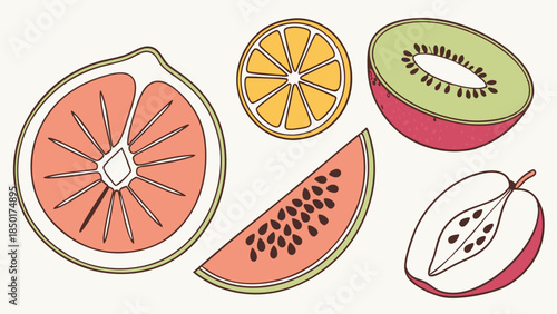 Clean Graphic Vector Illustration of Citrus Kiwi Watermelon and Pear Fruit Slices for Healthy Food Web Design and Packaging