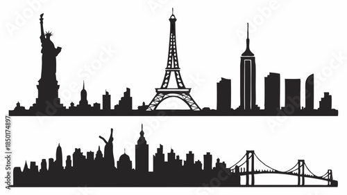 Famous World City Skylines Silhouette Vector Icons New York Paris Architecture Travel Destinations Graphic Design Elements