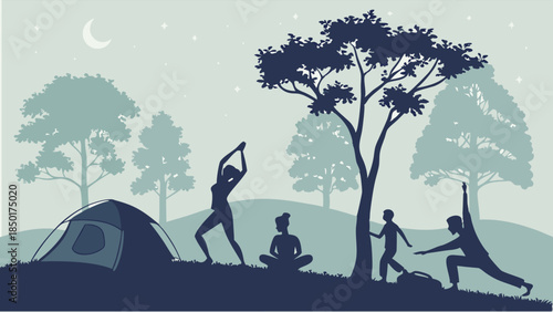 Silhouette Family Camping Under Moonlit Sky Practicing Yoga Stretches Outdoors for Wellness Retreats and Healthy Lifestyle Websites
