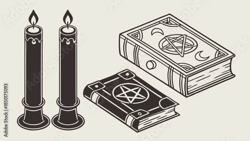 Occult Magic Ritual Objects Dark Candles Pentagram Grimoire Books for Witchcraft Design Projects