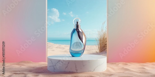 Cosmetic essence bottle in silver blue on a display stand with vibrant glass wall and beach backdrop, suitable for summer skincare