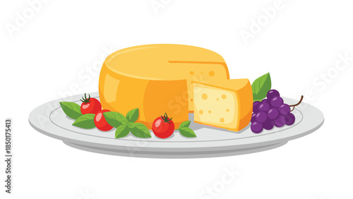 A delightful cheese platter with fresh grapes and vibrant berries is presented on a sleek gray plate, perfect for a gourmet snack.