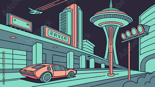 Night Drive Through Retro Futuristic Cityscape Modern Architecture and Tower Dynamic Graphic Illustration for Web Design Background