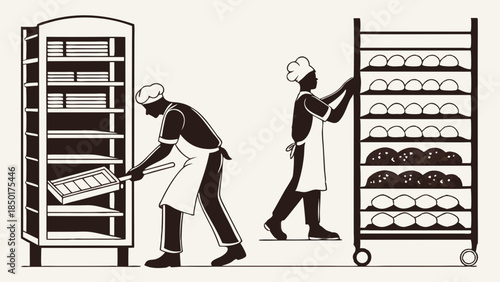 Dedicated Bakery Workers Loading Dough Trays and Arranging Bread on Racks Commercial Kitchen Production Illustration