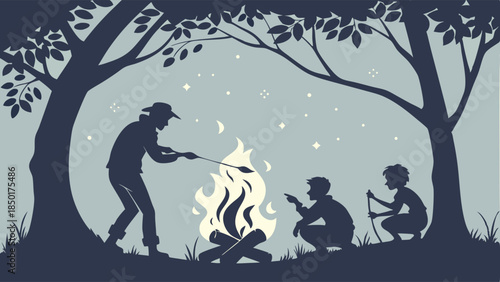 Family Camping Adventure Silhouette Roasting Marshmallows Over Campfire Under Starry Night Sky for Outdoor Lifestyle Web Design