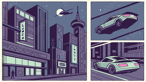 Futuristic City Night Drive Flying Car Scene for Sci-Fi Tech Advertising and Cyberpunk Web Design Backgrounds