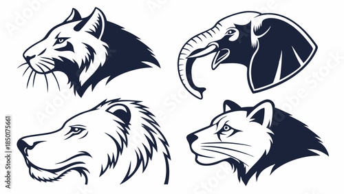 Wild Animal Head Set Lion Elephant Tiger Wolf Profile Icons for Sports Logos Mascot Design Projects