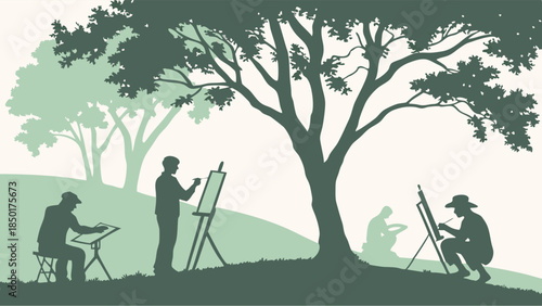 Plein Air Painting Class Silhouette Illustration with Artists Outdoors Under Trees for Creative Workshop and Hobby Learning