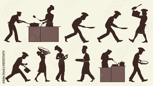 Professional Chefs and Cooks Silhouettes Working in Busy Restaurant Kitchen Food Preparation and Service Hospitality Industry Staff