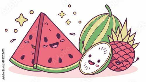 Smiling Kawaii Summer Fruits Vector. Happy Watermelon, Pineapple, Kiwi for Healthy Refreshing Food, Kids Party, and Tropical Drink Promotions.