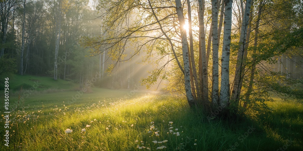 Obraz premium Sunset scene in a spring birch forest with bright young foliage illuminated by sunlight, seasonal change, Earth Day