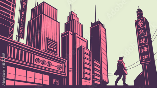 Stylized Futuristic Cityscape with Lone Person Walking. Modern Urban Street Illustration for Tech, Gaming, and Digital Media Backgrounds.