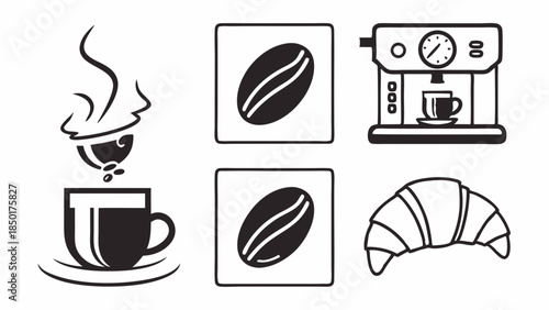 Delicious Coffee and Croissant Breakfast Icons. Fresh Brewed Coffee Machine, Beans, and Pastry Vector Illustrations for Cafe Menu, Bakery Marketing, and Morning Design.