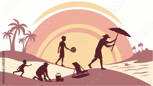 Happy Family Silhouettes Enjoying Summer Vacation on Tropical Beach at Sunset. Leisure Travel and Holiday Lifestyle Advertisements