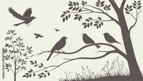 Peaceful Birds Perching Singing and Flying on Tree Branches Silhouette for Web Design Environmental Themes Spring