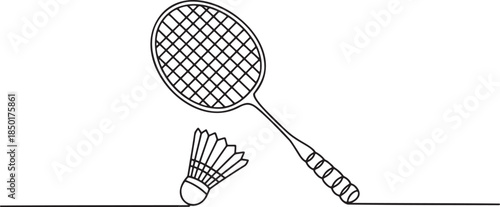 Badminton racket and shuttlecock drawn with single continuous line
