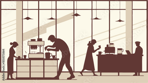 Busy Office Breakroom with Employees Preparing Coffee and Serving Drinks