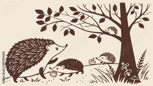 Charming Hedgehog Family in Autumn Forest. Whimsical Vintage Illustration for Children's Books, Nature Education, and Seasonal Marketing Designs.