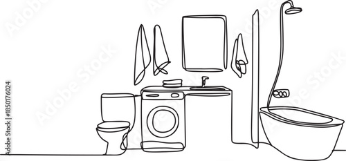 Bathroom interior with toilet washing machine and bathtub drawn single line