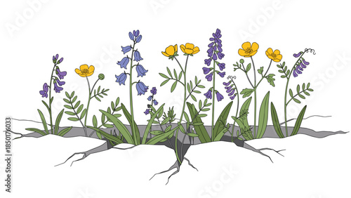 Wildflowers bloom amidst cracked earth, showcasing resilience and natural beauty in a delicate botanical illustration.