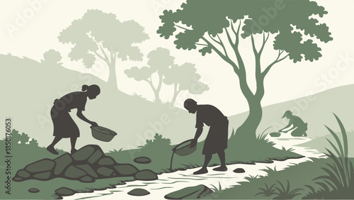 Women Fetching Water from Rural Stream for Daily Needs. Water Scarcity, Clean Water Access, Sustainability Illustration.