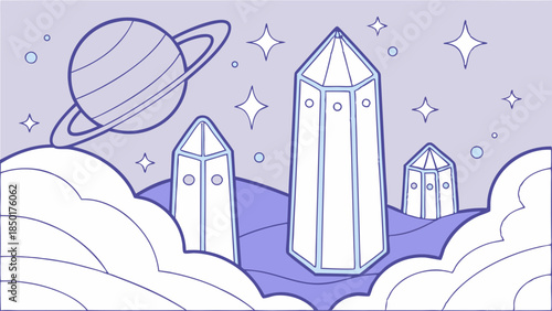 Cosmic Crystal Towers and Ringed Planet in Dreamy Sky for Futuristic Web Design, Spiritual Wellness, and Tech Innovation