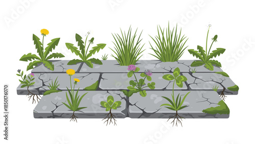 Overgrown stone pathway features vibrant weeds and grasses growing between cracked paving slabs, creating a natural, rustic scene.