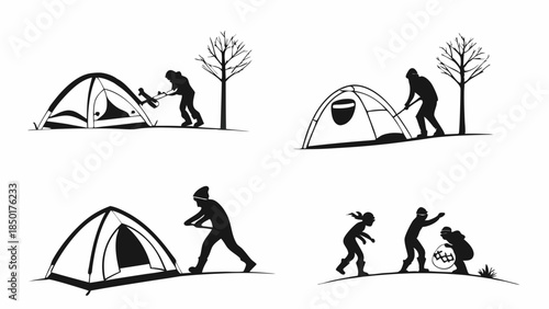Outdoor Camping Adventure Silhouettes People Setting Up Tents and Enjoying Nature Wilderness Recreation Travel and Exploration for Web Design and Marketing