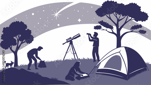 Group Camping Stargazing with Telescope, Binoculars, Laptop Under Starry Night. Exploring Celestial Wonders.
