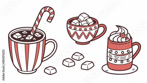 Cozy Hot Chocolate Mugs with Marshmallows, Whipped Cream, and Candy Cane. Festive Winter Drinks for Holiday Menus, Seasonal Promotions, and Comfort.