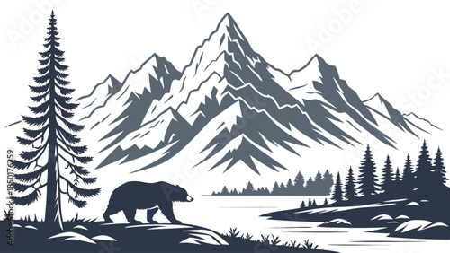Majestic Mountain Wilderness with Walking Bear, Pine Forest, and Lake Graphic for Outdoor Adventure and Travel Brands
