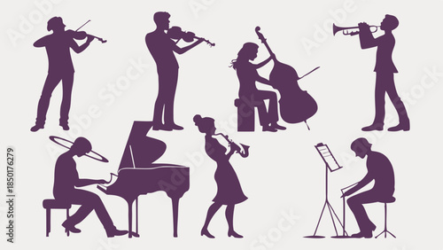 Musicians Playing Instruments Silhouettes for Music School Concerts Education and Entertainment Promotion. Artistic Harmonious Design.