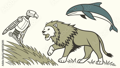 Robotic Bird Lion and Dolphin Contrasting Nature and Technology Diverse Environments Future Wildlife AI and Innovation
