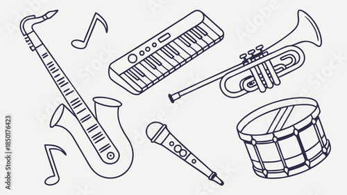 Creative Musical Instruments Line Art for Music Education. Saxophone, Keyboard, Trumpet, Microphone, Drum Outline. Fun Learning and Entertainment Design.