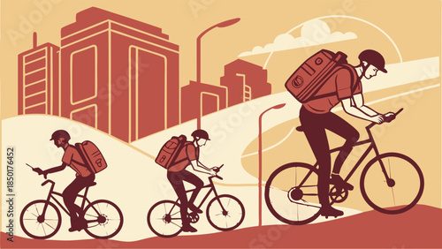 Urban Bike Delivery Riders Navigating City Streets. Fast and Efficient Courier Service for Online Orders, Modern Last Mile Logistics and Gig Economy.